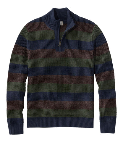 Men's Organic Cotton Waffle Sweater, Quarter Zip, Stripe