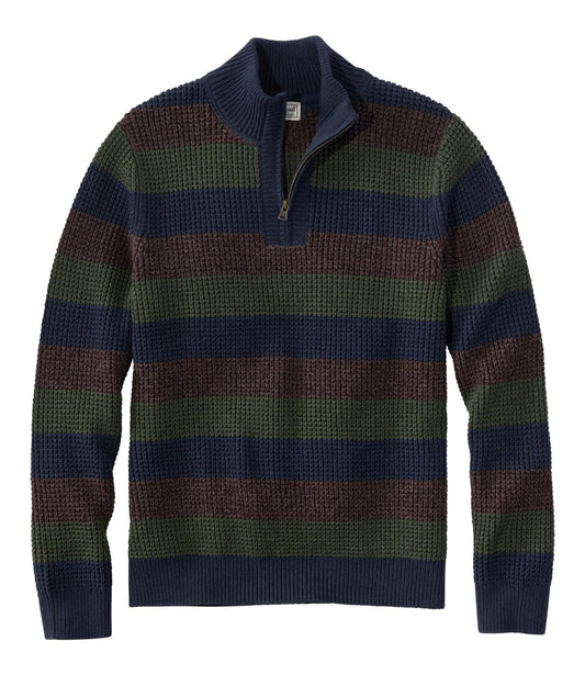 Men's Organic Cotton Waffle Sweater, Quarter Zip, Stripe