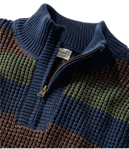 Men's Organic Cotton Waffle Sweater, Quarter Zip, Stripe