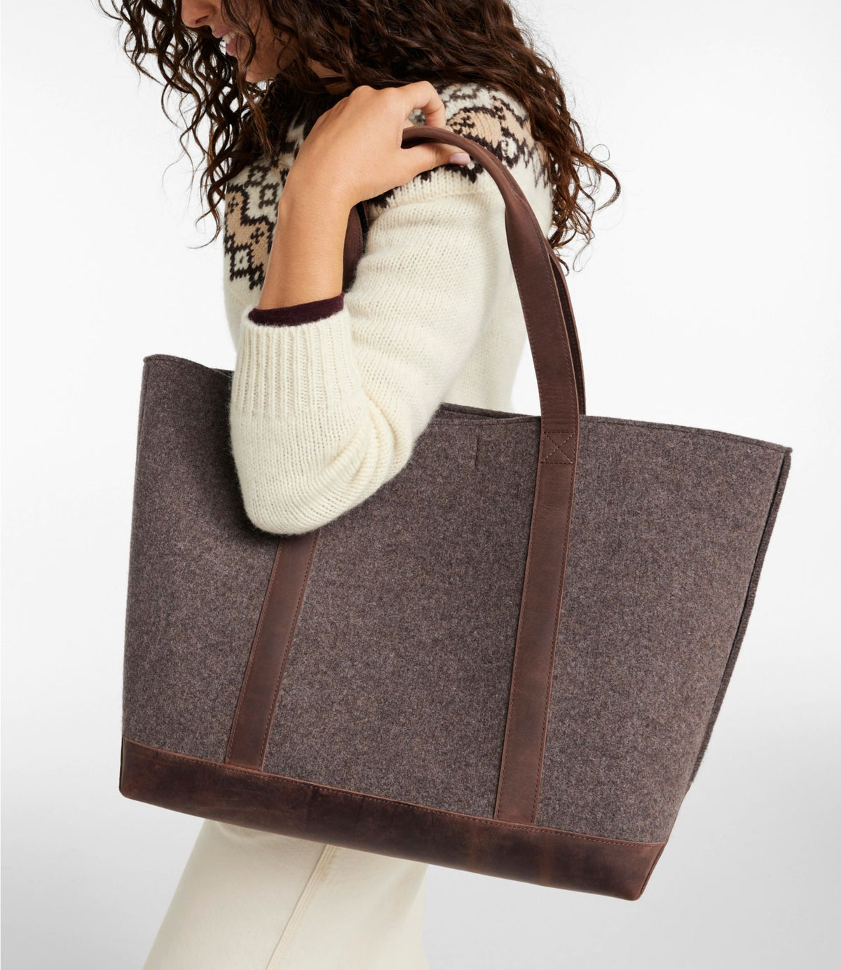 Leather-Trim Wool Tote