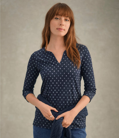 Women's Pima Cotton Tunic, Three-Quarter-Sleeve Splitneck Print