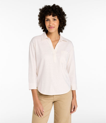 Women's Lakeside Linen/Cotton Tee, Three-Quarter-Sleeve Splitneck Polo Print