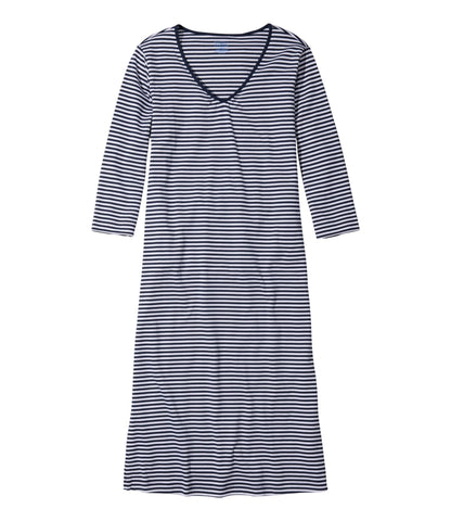 Women's Supima Nightgown, V-Neck Three-Quarter-Sleeve Stripe