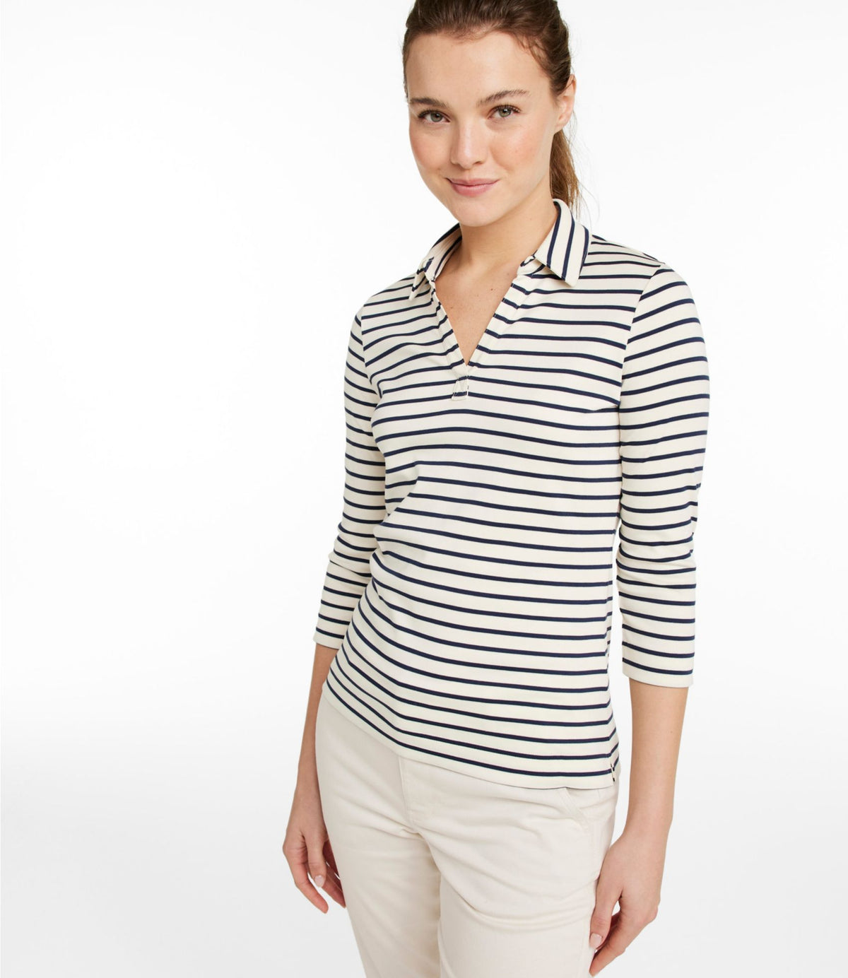 Women's Pima Cotton Tee, Three-Quarter-Sleeve Polo Stripe